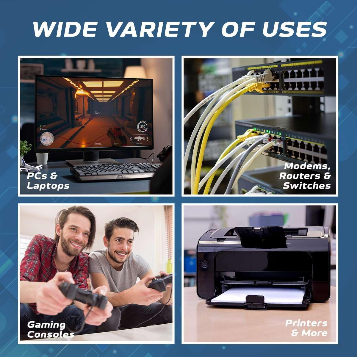 High-Speed Cat5E 75FT Ethernet Patch Cable - 350MHz, Perfect for PC, Laptop, Modem, Router, TV, Printer, and Gaming Consoles - Ideal for Home and Office Use - Sleek Black Design