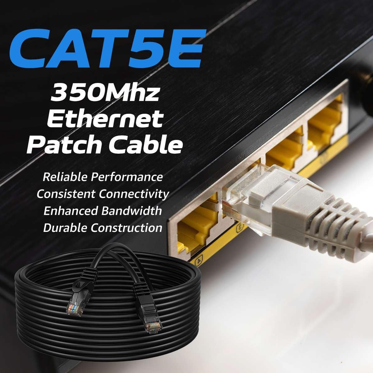 High-Speed Cat5E 75FT Ethernet Patch Cable - 350MHz, Perfect for PC, Laptop, Modem, Router, TV, Printer, and Gaming Consoles - Ideal for Home and Office Use - Sleek Black Design
