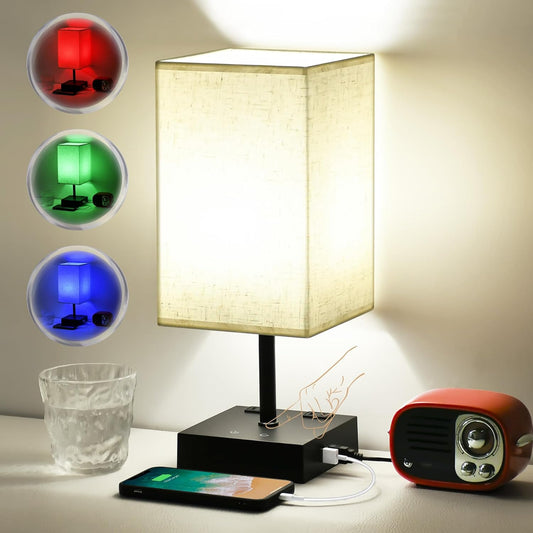 Bedside Lamp with 4 Colors Red, Green, Blue, and 5000K White, RGBW Stepless Dimmable Touch Lamp for Bedroom,  Table Lamp with USB Port and AC Outlet, Small Nightstand Lamp for Dorm, Kid'S Room